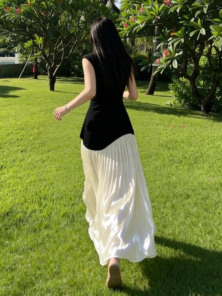 Korean Casual Sleeveless Color Block Mesh Maxi Dress - Women's Summer Slimming Style