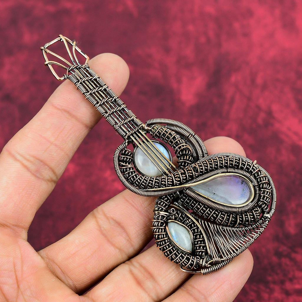 Rainbow Moonstone Pendant Copper Wire Wrapped Jewelry Guitar Pendant Handmade Pendant Gemstone Jewelry Copper Wire Wrap Pendant Gift For Him