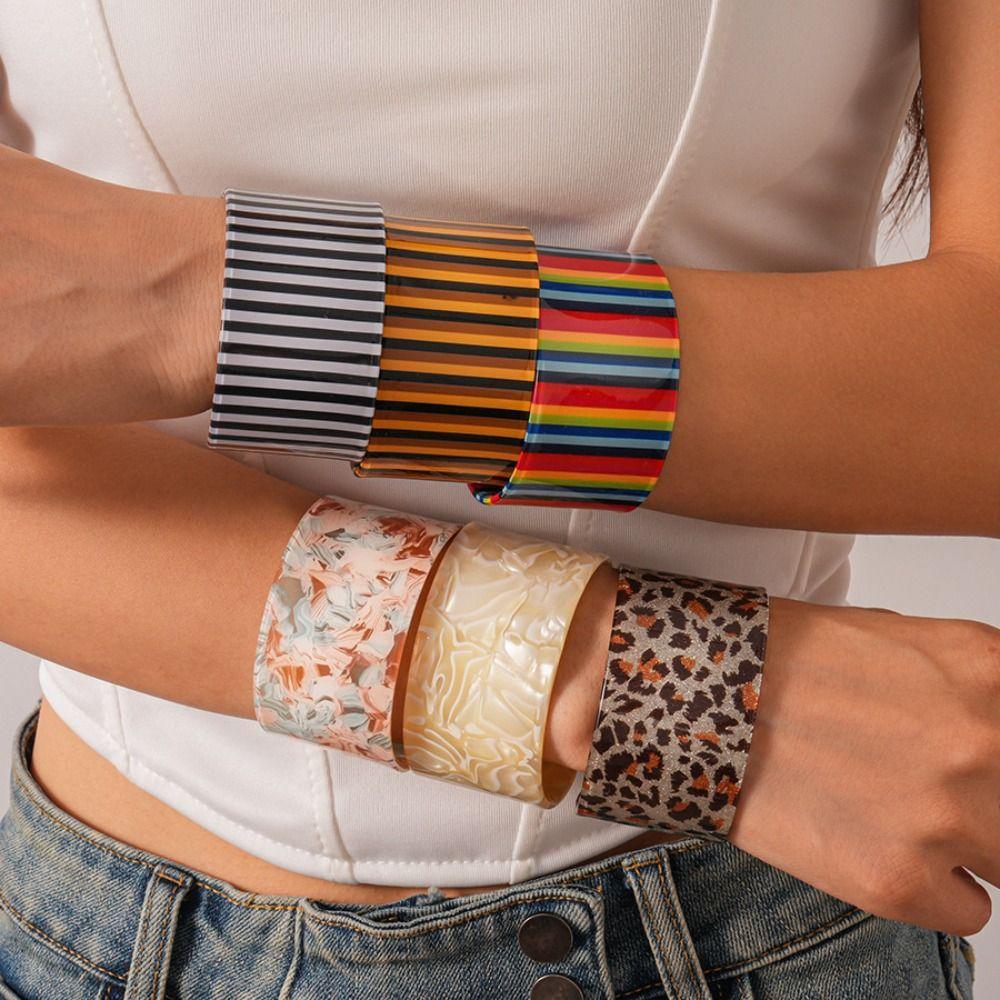 Leopard Print Striped Acrylic Bangle Geometric Smudged Hand Ring Simple Open Wide Bracelet  Women