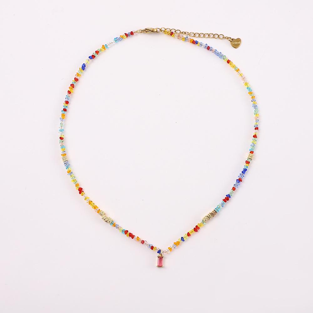 Colorful Retro Dopamine Rice Bead Necklace with Natural Stones and Thin Chain