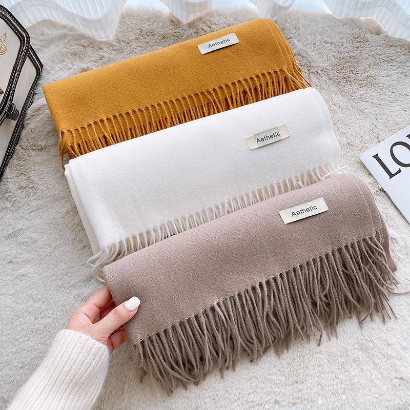 Cachecol feminino de inverno de cor sólida imitação de cashmere - quente, tecido, cachecol de pescoço médio a longo