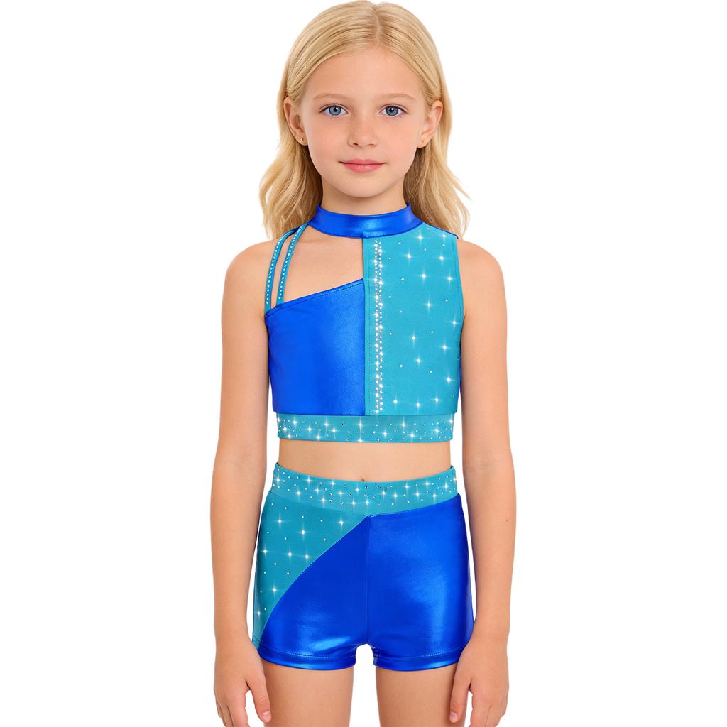 Funkelndes Strass-Performance-Outfit für Mädchen: Metallisches Colorblock Crop-Top mit passender elastischer Shorts für die Bühne
