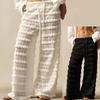 Women's Wide Leg Pants with Ruffle Details and Drawstring Waist In White and Black
