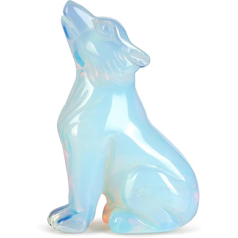 Crystal Wolf Statue Figurine Home Decor, Office - Healing Stone Gemstone Wolf Sculpture - Collectible Carved Stone Animals Opalite 2 Opalite