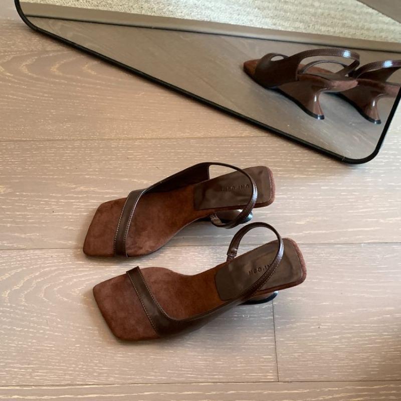 Retro Minimalist Women's Stange Style Slippers Outdoor Wear Versatile Elegant PU Leather Square Toe Shoes Pantuflas Mujer Slides