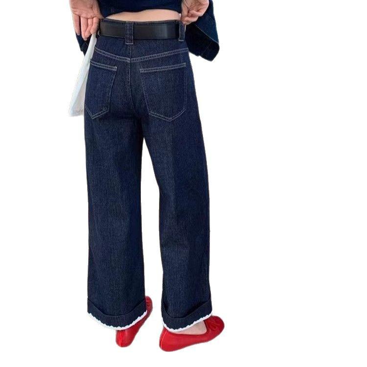 Kadınlar İçin Yazlık Dantelli Yüksek Bel Geniş Paça Kot Pantolonlar Bol ve Zayıf Dokuz Nokta Küçük Çok Yönlü Düz Pantolonlar