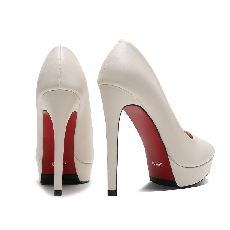 Fashion Luxury Women Pumps Spring Autumn Slip-On Platform PU Leather 12cm Thin Heels Korean Style Casual Women Profession Shoes Black