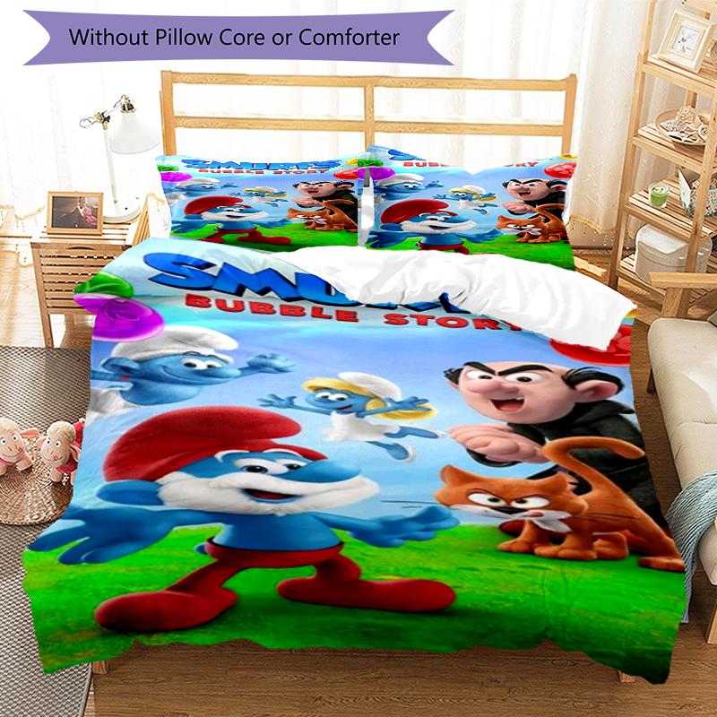 3pcs The Smurfs Bedding Set Duvet Cover Closure Includes 1 Duvet Cover & 2 Pillowcases, Soft and Comfortable for All Seasons.