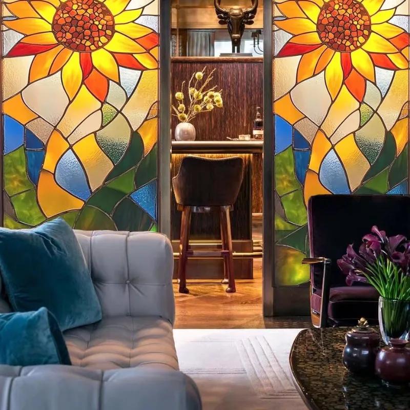 Free Art Painting Privacy Protection Window Film Stained Glass Stickers Sunflower Glass Film Electrostatic Frosting Adhesive