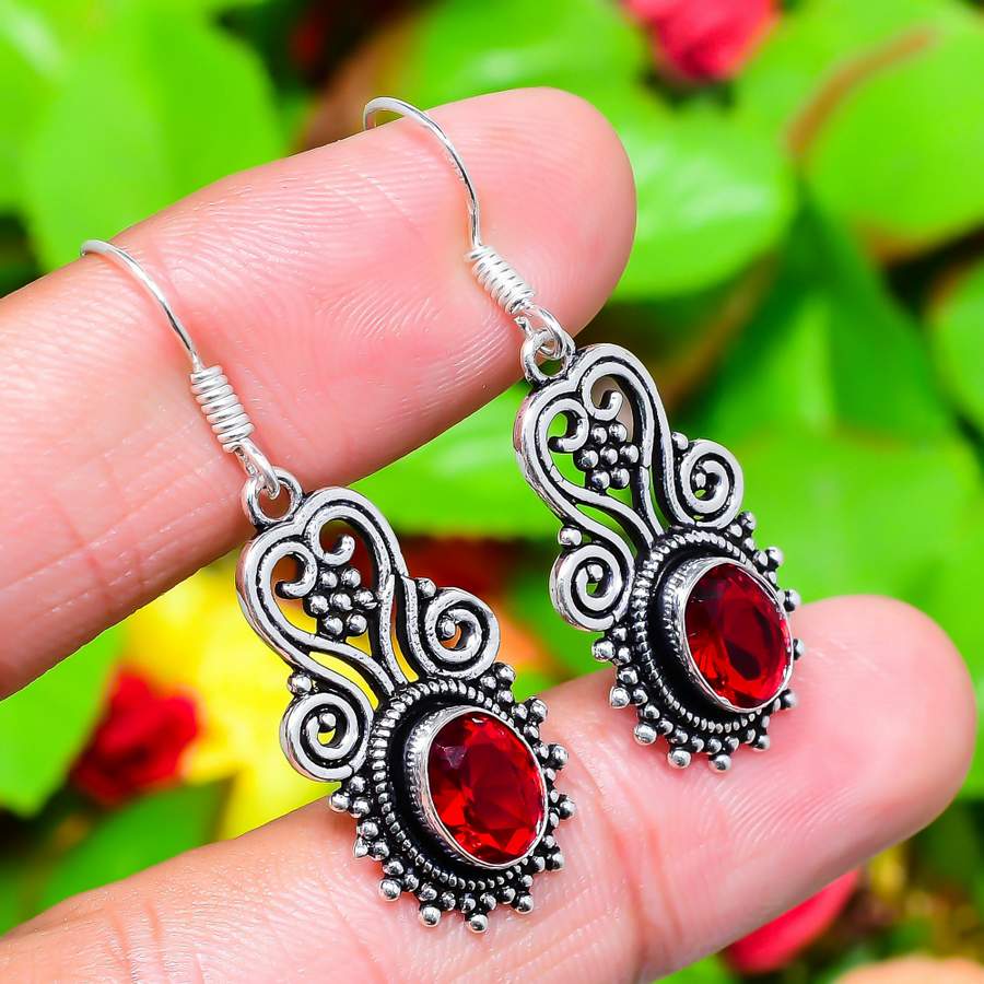Natural Mozambique Garnet Gemstone 925 Sterling Silver Earring 1.77" I6c30