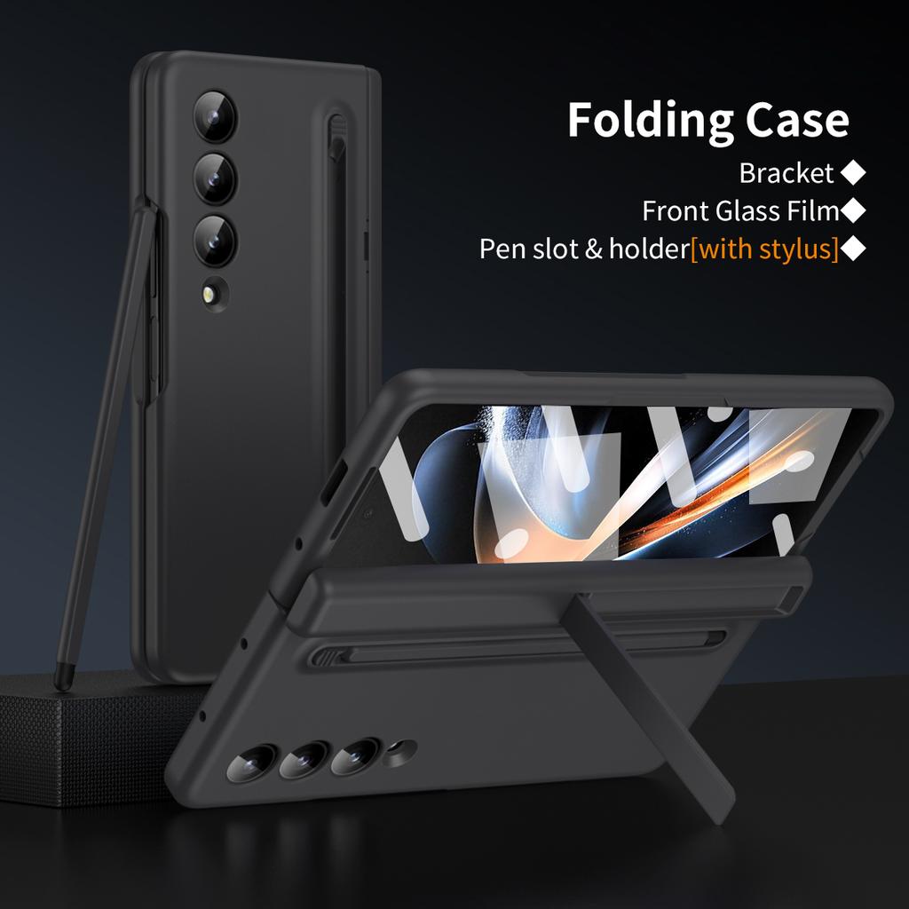 For Samsung Galaxy Z Fold3 5G Case Hard PC+Glass Film Kickstand Phone Cover with Stylus