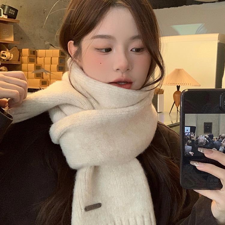 Korean Version Containing Wool Knitted Wool Solid Color Scarf for Women in Winter Thickened and Warm Versatile High End Cold Proof Scarf Trendy
