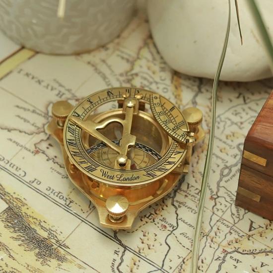 10.16 cm Brass Sundial Compass with Wooden Box Engraved Nautical Compass for Him, Explorer, or Retirement Gift