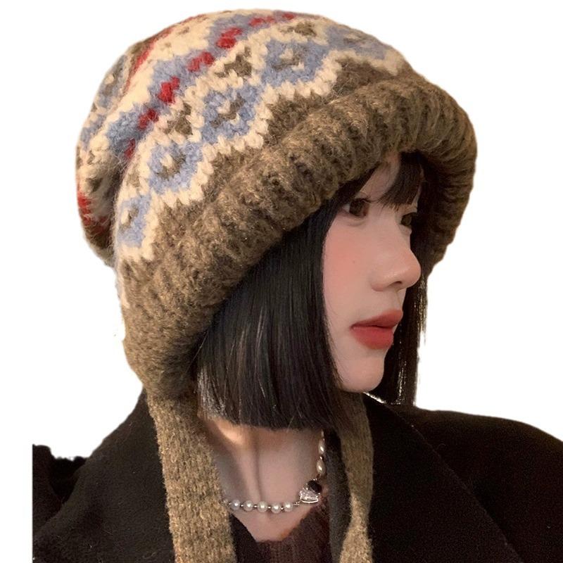 Neue Damen Herbst/Winter Ethnischer Stil Gestreifte Patchwork Wollmütze Verdickt Warm und Kälteschutz Ohrenschutzmütze