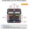 12V 6-Way Blade Fuse Block with  LED Indicator Waterproof Protection Cover and Label Sticker for Automotive Car Truck Trailer