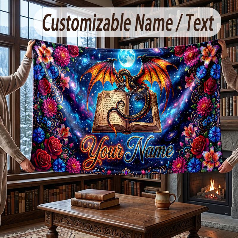 Dragon Theme Throw Blanket Custom Name Text Personalized Blanket Soft Cozy Blanket for Home Sofa Bed