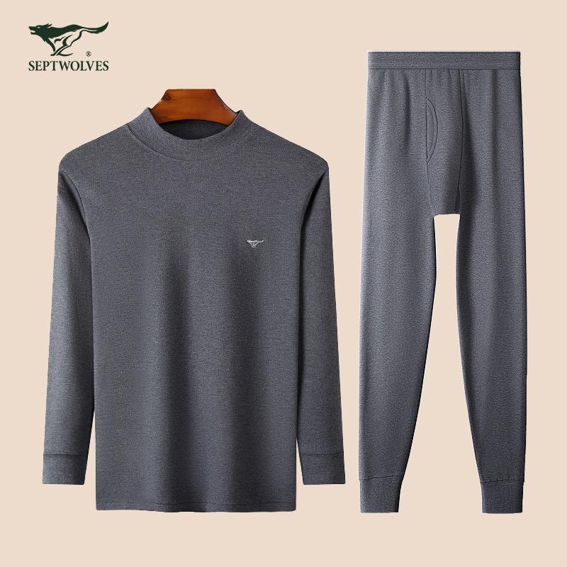 Septwolves Men's Thin Pure Cotton Autumn Underwear Set: Round/Crew Neck Warm Bottoming Shirt & Pants.