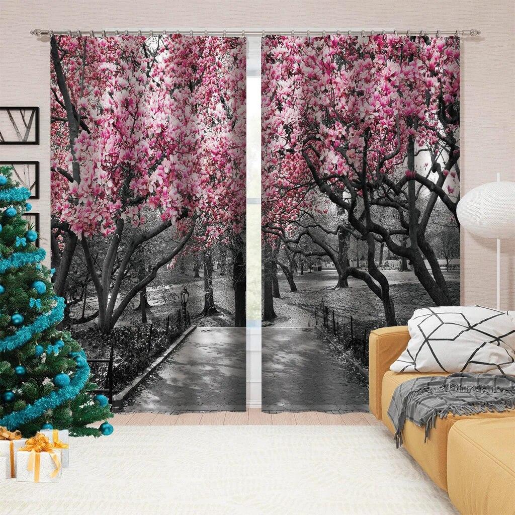 

3D печать оконная занавеска для гостиной полузатенение открытый декоративное дерево домашний текстильный декор W50xH130(CM)x2PCS-Grommet Top