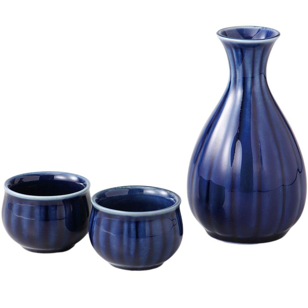 ORANGE APRON Ceramic Sake 140ml Eggplant Navy Chrysanthemum Made In Japan Includes Sake Katakuchi and Choko Cup Set, Capacity, Blue, Shape, (Mino