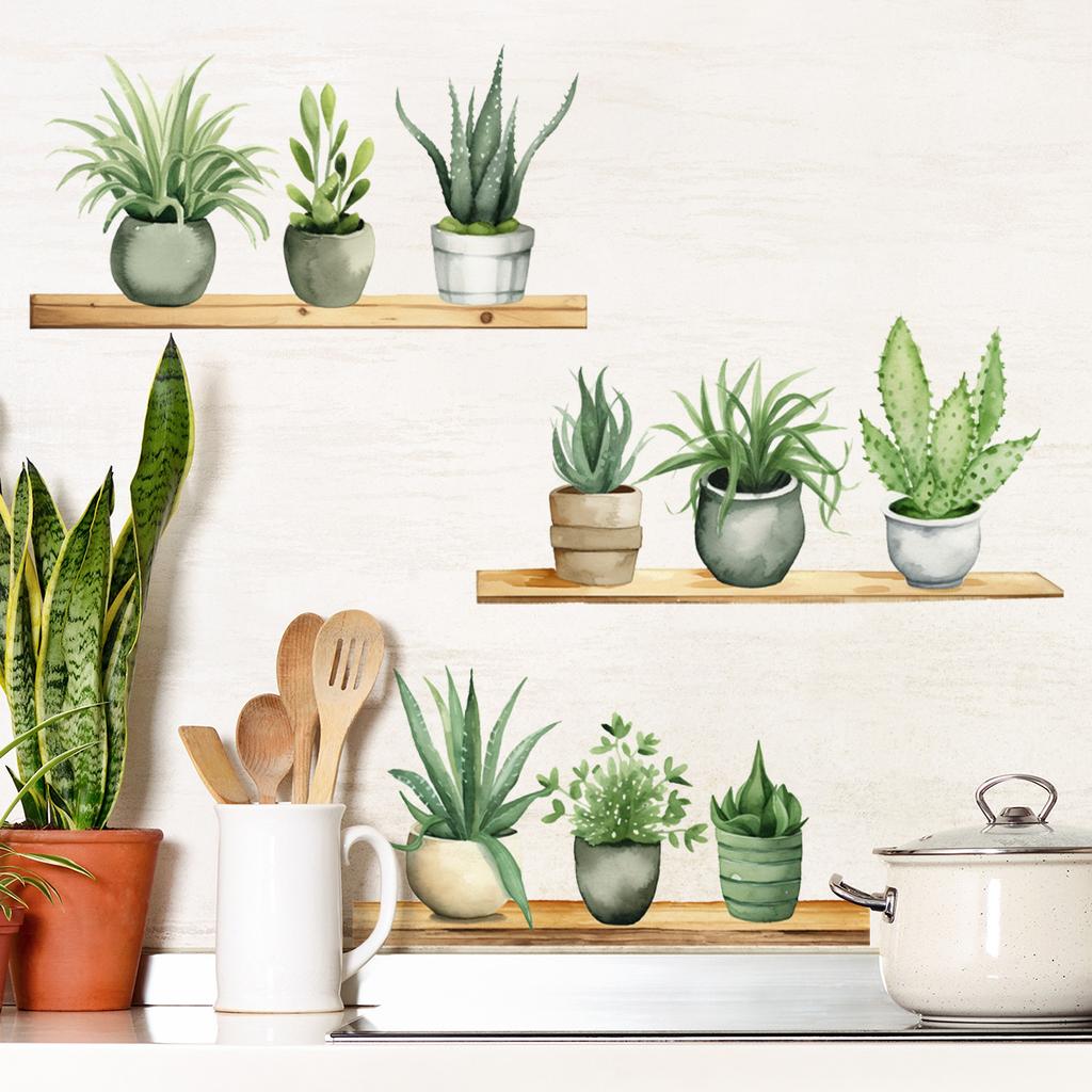 Plant Green Plants Potted Plant Shelf Wall Sticker Living Room Bedroom Home Background Wall Sticker Self-adhesive Pvc