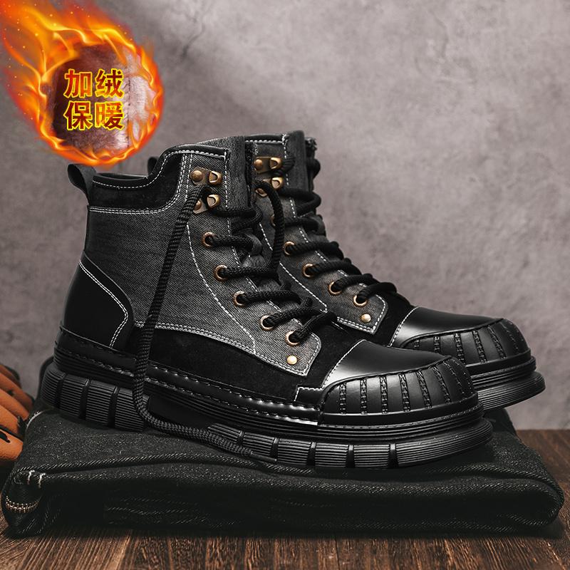 Fashion Outdoor Leather Mens Slip On Boots Platform Shoes Luxury Brand Men Winter Plush Snow Boots Fashion All-match Men Motocross Boots