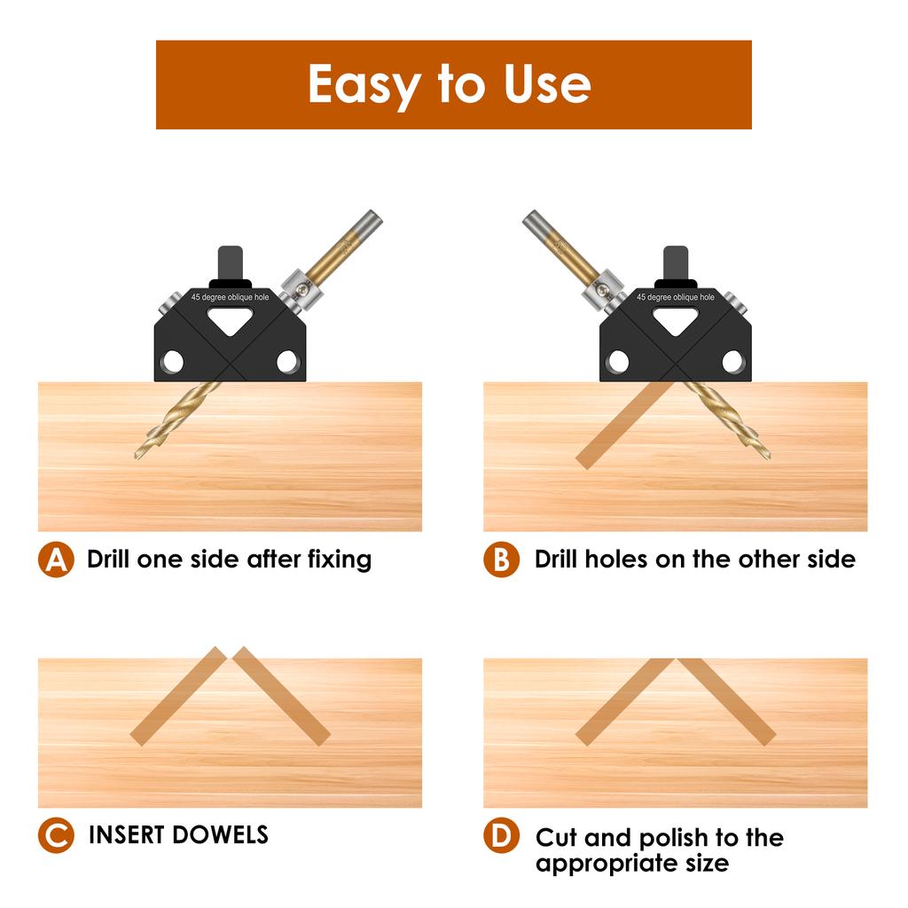 45° Angle Drill Guide Jig Aluminum Alloy Dowel Jig Kit 45° Oblique Hole Drilling Positioner Drilling Hole Locator Sturdy