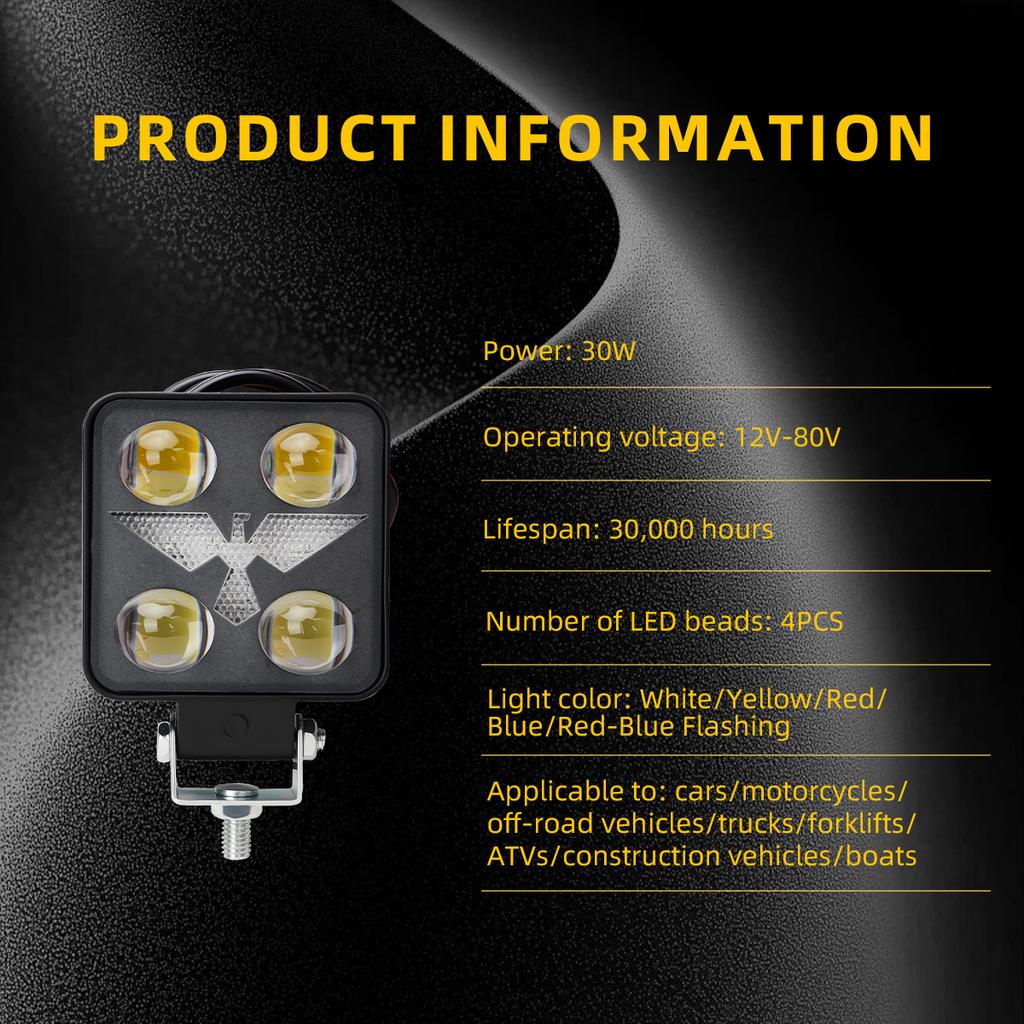 LED Work Light 30W Car Headlight Spotlight Dual Color Flash 12V 24V DRL Daytime Driving Light for Truck Off-road SUV UTV ATV