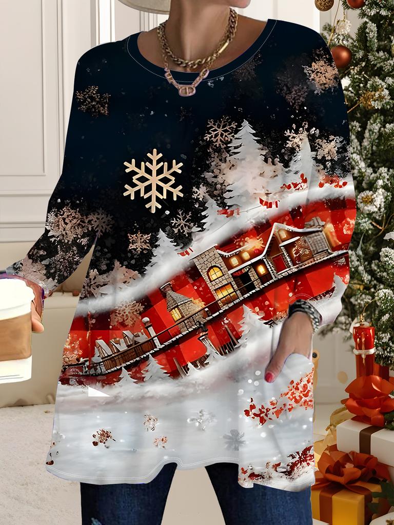 Nuovi Top da Donna Taglie Forti Autunno Inverno 2025, T-shirt Fashion a Manica Lunga Girocollo con Stampa 3D Natalizia