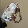 Maillard Retro Coffee Leopard Print Fur Ball Beaded Phone Wrist Strap for Women