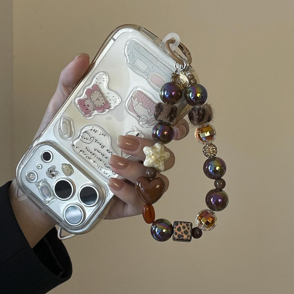 Maillard Retro Coffee Leopard Print Fur Ball Beaded Phone Wrist Strap for Women