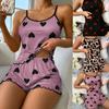 FINETOO Cute Heart Print Satin Sleepwear Set Women Spaghetti Strap Ice Silk Pajamas Short Sleeveless Breathable Lounge Suit Girls Gifts