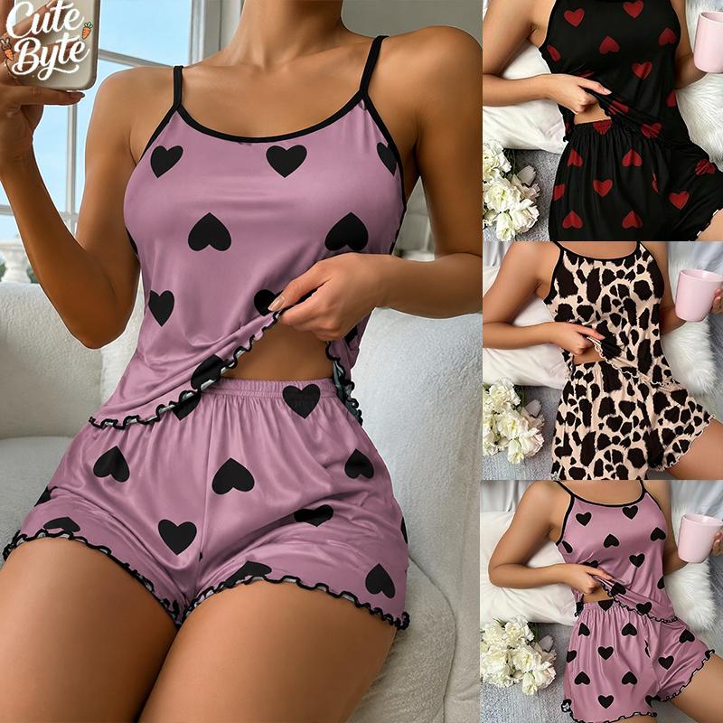 FINETOO Cute Heart Print Satin Sleepwear Set Women Spaghetti Strap Ice Silk Pajamas Short Sleeveless Breathable Lounge Suit Girls Gifts