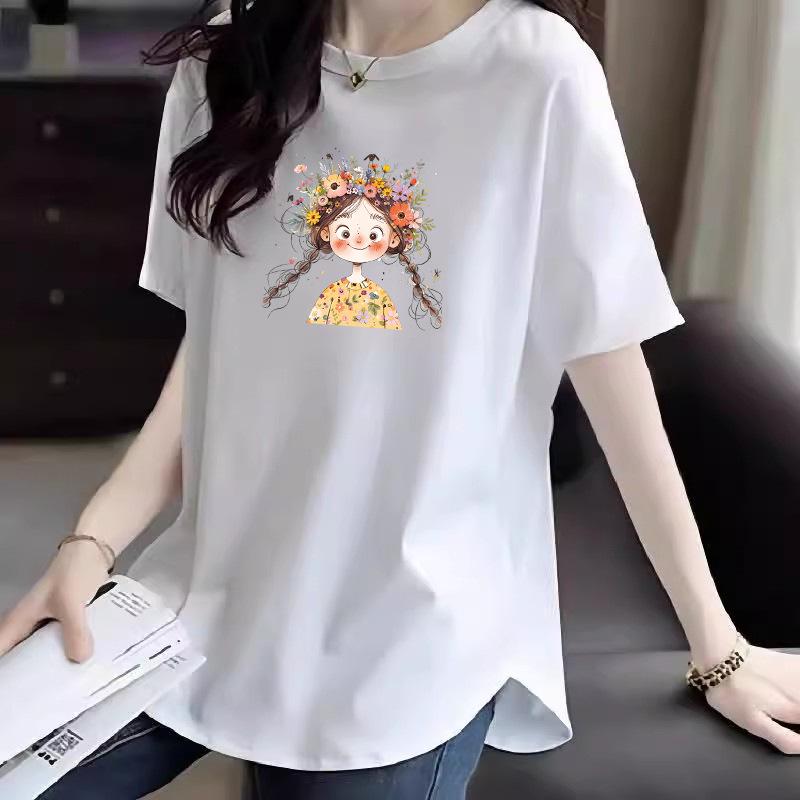 2025 Summer Women's Loose Fit Cartoon Cotton T-Shirt with Hip-Covering Mid-Length Design