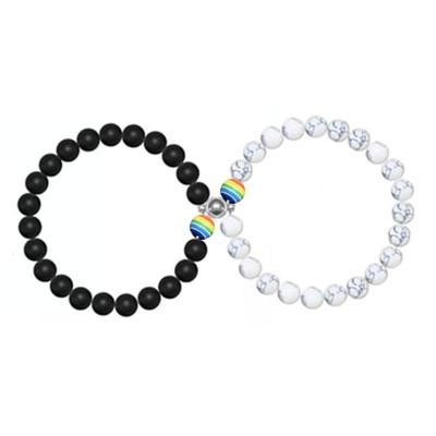Braccialetti da uomo transfrontalieri in Agata Nera Opaca e Perle di Pino Bianco con Attrazione Magnetica e Perle Arcobaleno di Cristallo Rosa