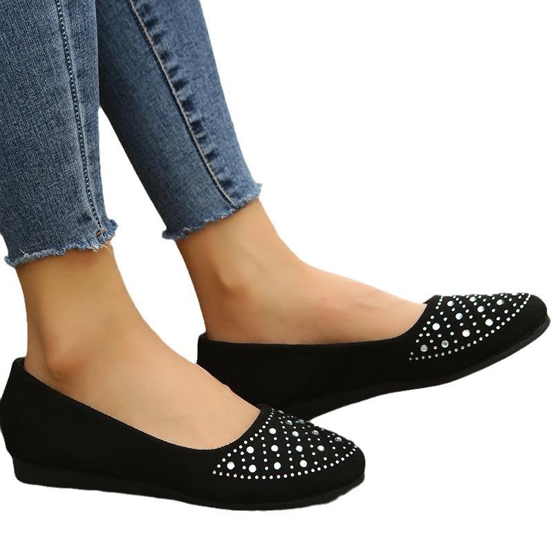 2025 Spring and Autumn Single Shoes Matte European and American Round Head Flat Bottom Casual Crystal Large Size Single Shoes Women's Foreign Tra