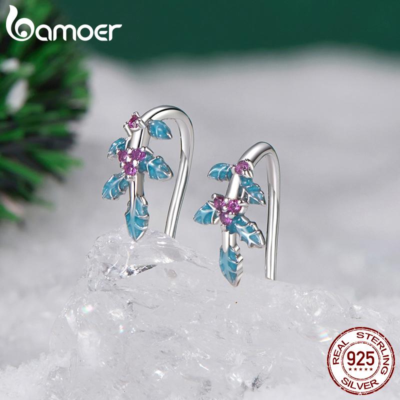 BAMOER 925 Sterling Silver Xmas Jewelry Gift Holly Open Ring Colorful Flower Leaf Stud Earrings Special New Year Holiday Gift