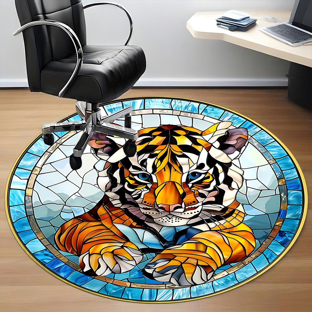 1pc Tiger StainedGlass Office Round Area Rug, Indoor Mat Suitable For Office, Under Office Chairs Bedroom Living Room Home Decor, Room Deco