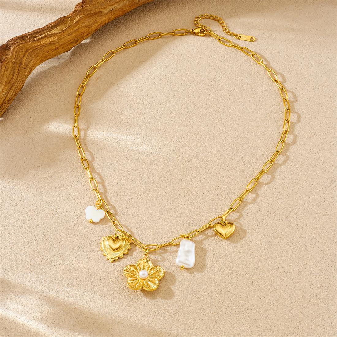 

316L Stainless Steel Pearl Inlay Flower Butterfly Heart Pendant Necklace Women Classic Fascinating Neck Chain Jewelry