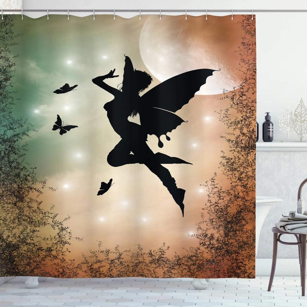 Beautiful Wing Elves Girl Shower Curtain Fantasy Enchanted Forest Bathroom Decor Deer Mushroom Flower Backdrop Hanging Curtains