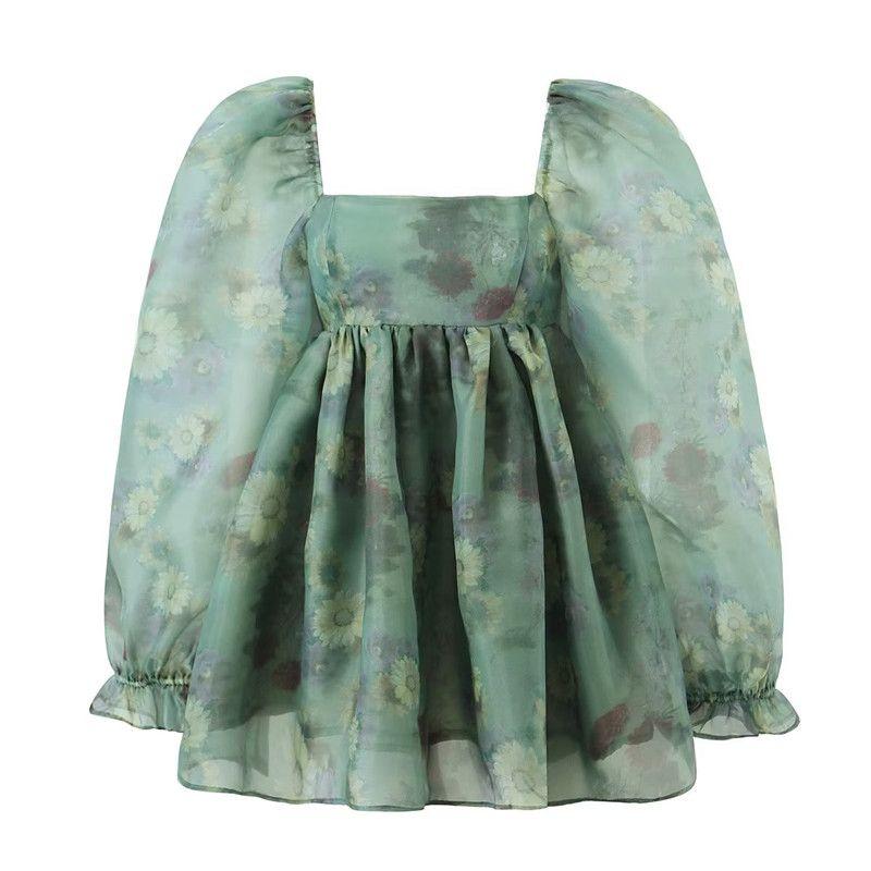 

Square Collar Bubble Long Sleeve Princess Dress SUNFLOWER Dark green sunflower Print(High quality) S