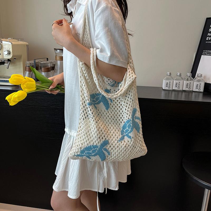 Yogodlns Trendy Large Capacity Crochet Tote Bag Turtle Korean Style Hollow Woven Bag Polyester Embroidered Knitting Handbag Daily