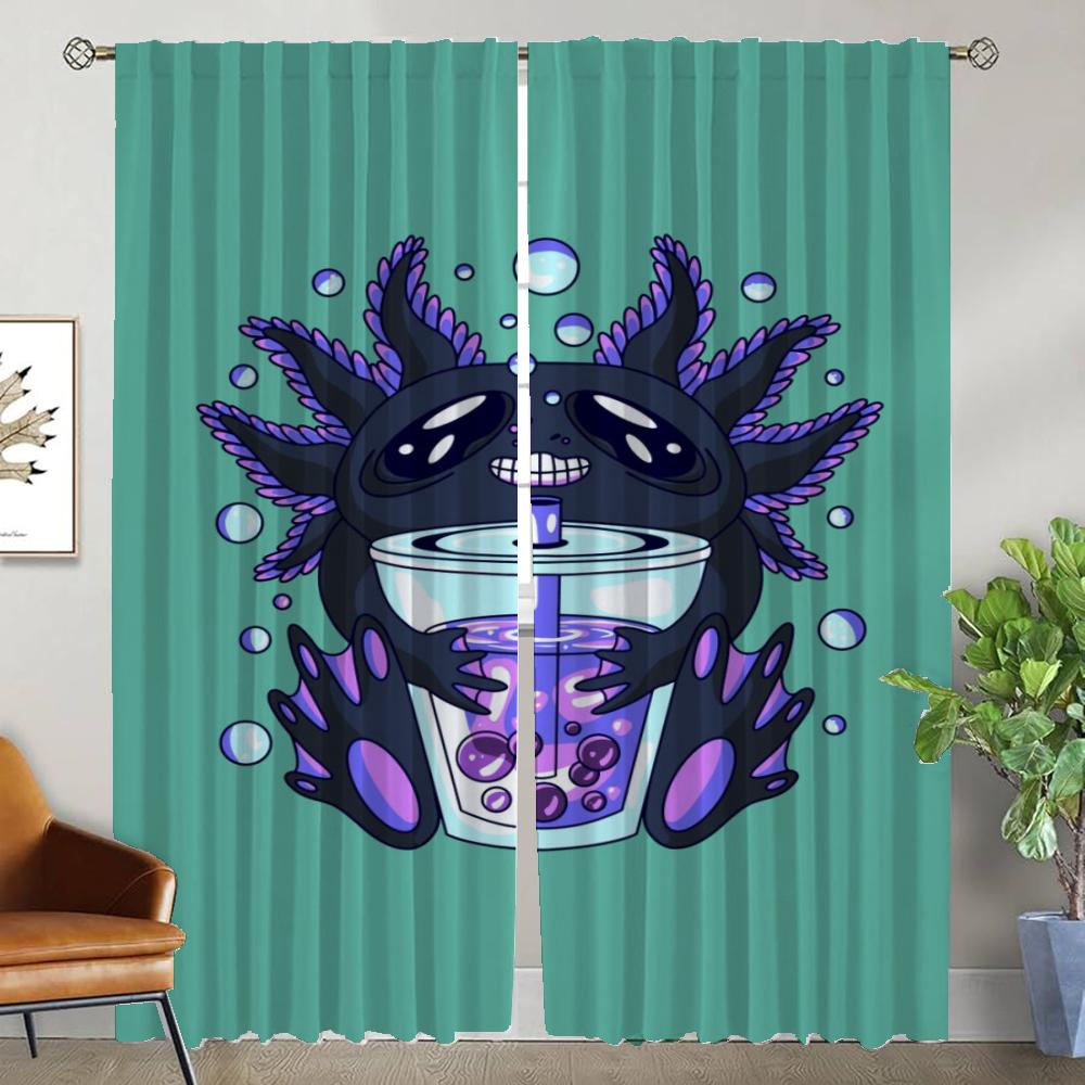 Cute Axolotl Kitchen Curtains for Camera Window Curtain for Room 2 Panel Shades Partition Halloween Decoration Living Blackout