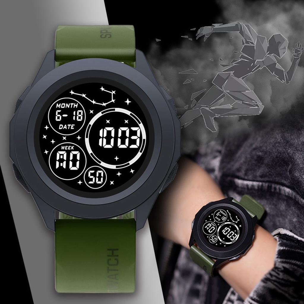 Essentials Men's Digital Watch Shockproof Round Dial 50m Waterproof Light-up Wristwatch for Time Organizing & Meeting