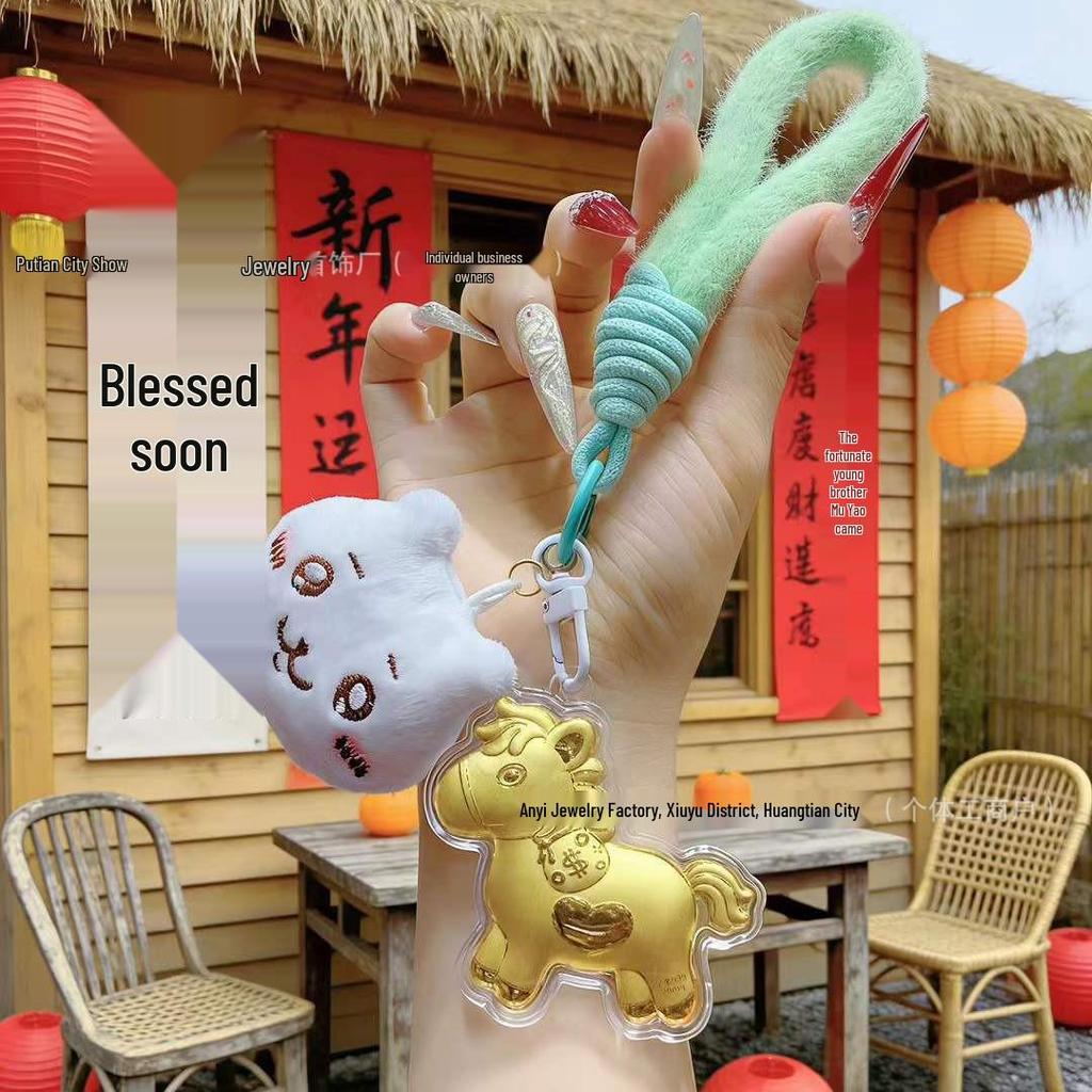 Usachi 999 Gold Horse Keyring: Cute Bag Charm with Gold Pendant for Couples