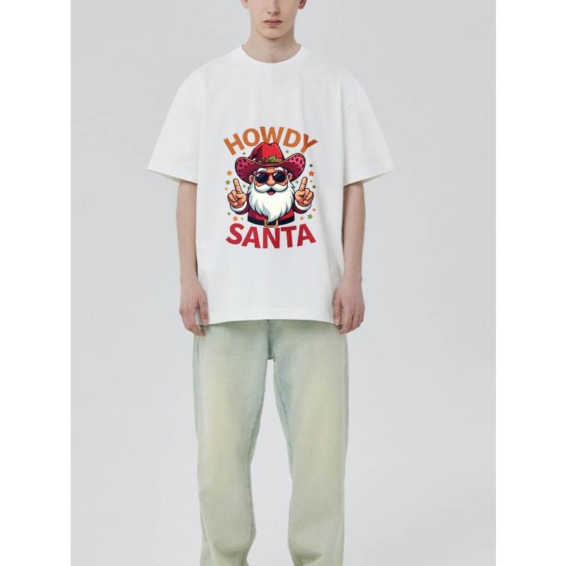 Crew Neck T Shirt Black Howdy Santa Cowboy Santa with Sunglasses and Hat Christmas Holiday Party Wear