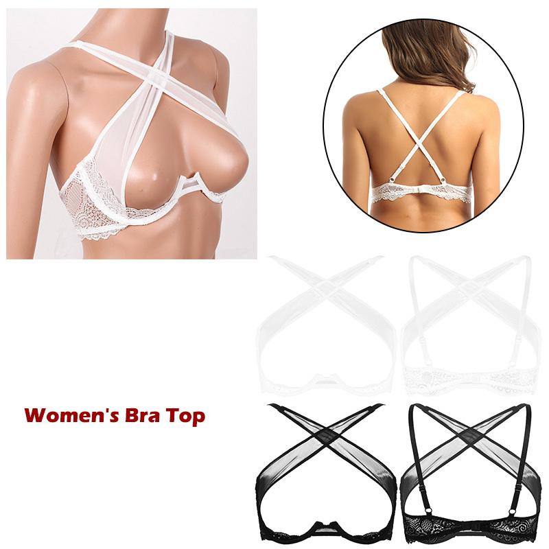 Women Erotic Sexy Transparent See Through Sheer Mesh Open Cup Crop Top Lingerie Strap Crisscross Front Underwired Bra Sleepwear