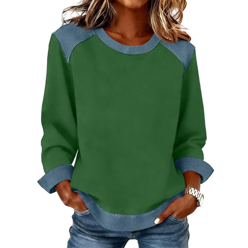 Damen Jeanskragen Patchwork Nähte Sweatshirt Lässig Pullover Langarmshirts