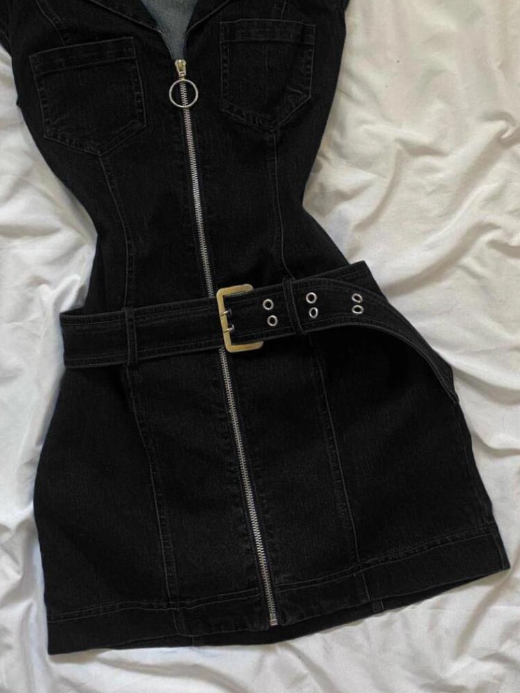 Amerikanisches Retro Schwarzes Denim Kurzkleid Damen Sommer Reißverschluss Elegant Slim Einteiliges Kleid Koreanisches Modedesign Freizeitkleidung