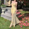 French Yellow Floral Spaghetti Strap Dress for Women, Summer Beach Vacation, Slimming Mesh Fishtail Hip-hugging Long Dress