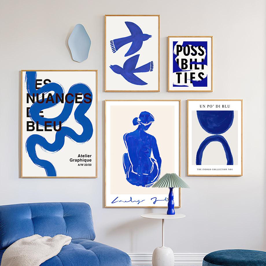 Wall Art Print Canvas Pictures Blue Girl Body Pigeons Line Minimalist Abstract Living Room Home Decoration Painting Poster Salon